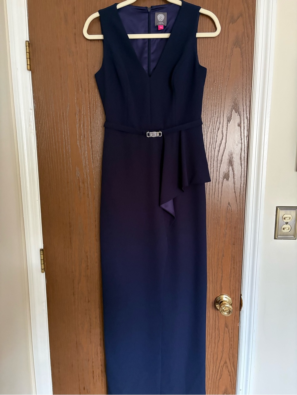 Vince Camuto Navy Sleeveless V-Neck Structured Gown